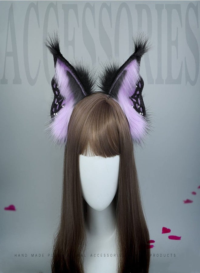 Fxaelian Cosplay Animal Purple Butterfly Fairy Fox Wolf Cat Dog Ears Headband Hairband Halloween Costume Party Headpiece Headwear Hair Accessories Fluffy Faux Fur - Image 2
